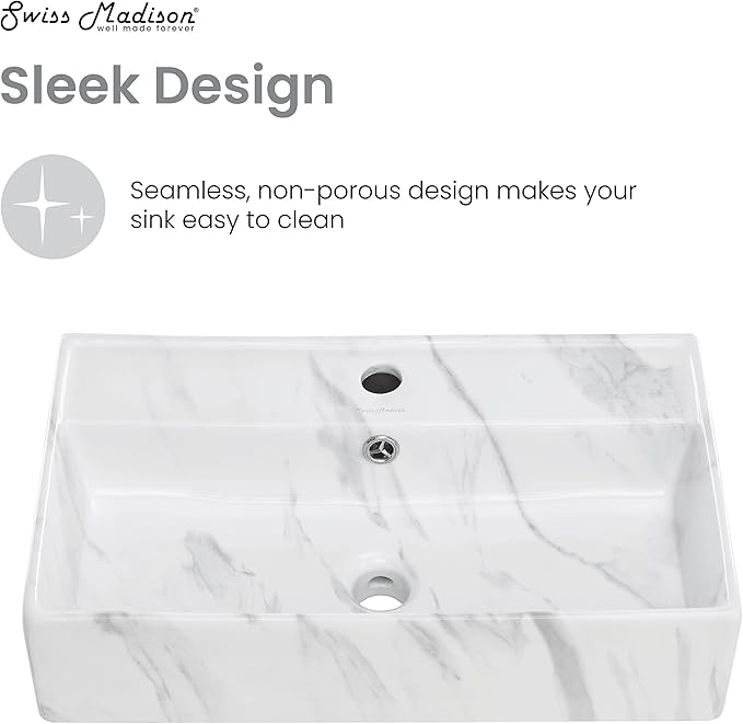 Claire 22” Rectangle Wall-Mount Bathroom Sink in White Marble