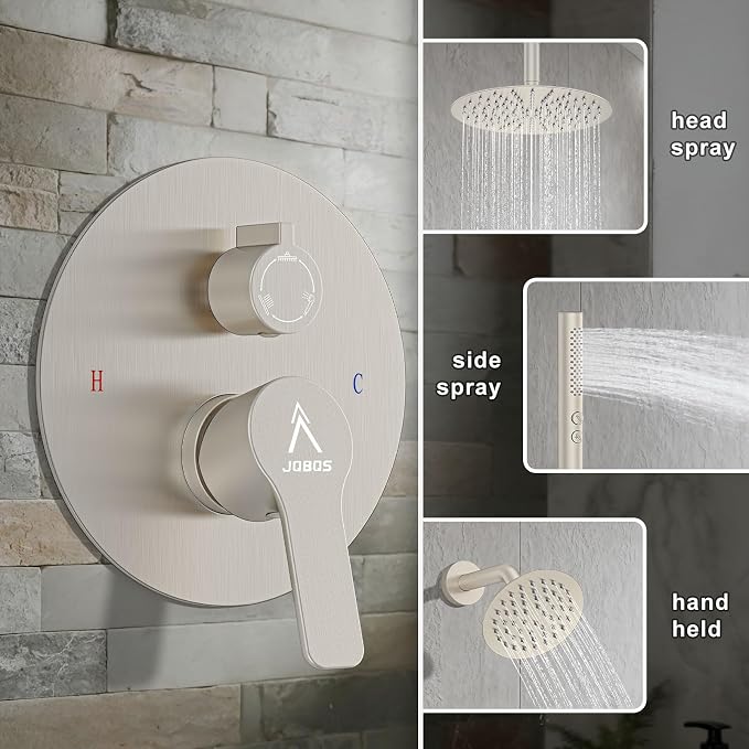Shower System Shower Faucet Set Rainfall Shower Set with Valve 12+6" Dual Rain Shower Head with Handheld Ceiling Mount Wall Mount Shower Head Shower System, Brushed Nickel