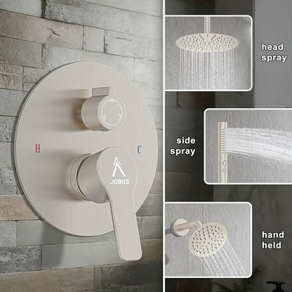 Shower System Shower Faucet Set Rainfall Shower Set with Valve 12+6" Dual Rain Shower Head with Handheld Ceiling Mount Wall Mount Shower Head Shower System, Brushed Nickel