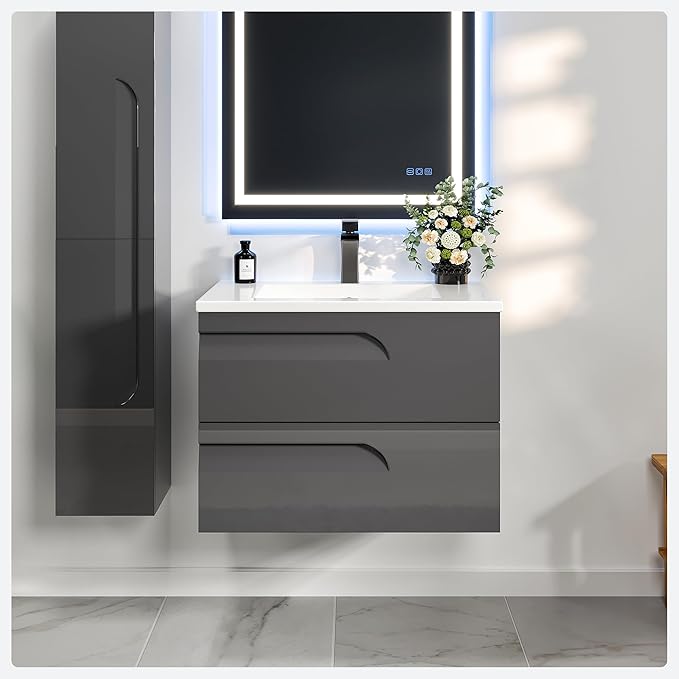 Eviva Joy 32 in. Gray Wall MountSingle Sink Bath Vanity with Porcelain Top and Integrated Sink