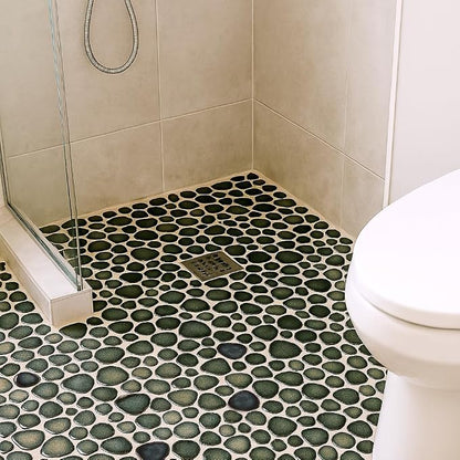 Pebble Stone Tile for Shower Floor Bathroom Backsplash Accent Wall Gradient Brown Teal Pebble Tiles (5 Sq.Ft)