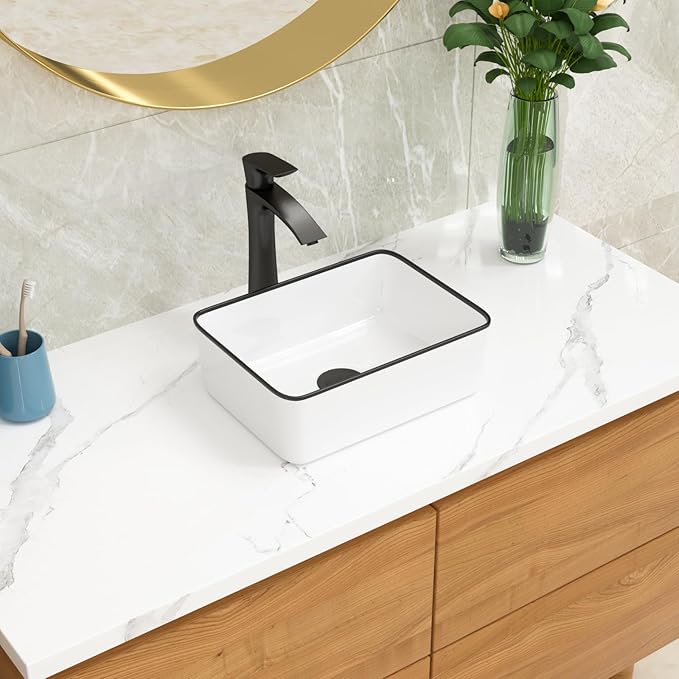 Lordear Vessel Sink Rectangle 16 Inch Bathroom Sink Rectangular Modern Above Counter Bathroom Sink White 16x12 Inch Porcelain Ceramic Vanity Sink with Black Trim Art Basin
