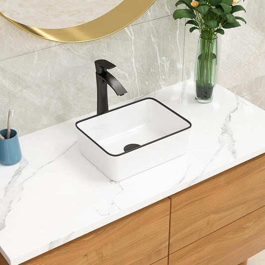 Lordear Vessel Sink Rectangle 16 Inch Bathroom Sink Rectangular Modern Above Counter Bathroom Sink White 16x12 Inch Porcelain Ceramic Vanity Sink with Black Trim Art Basin