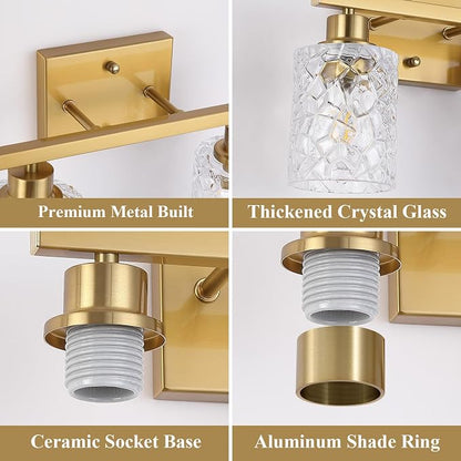 Mecgirn Stainless Steel Bathroom Vanity Light Over Mirror, 2 Light Brushed Gold Bathroom Light Fixtures with Textured Glass Shades,Ceramic E26 Sockets Wall Mounted Vanity Lights for Bathroom