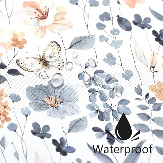 Extra Long Shower Curtain 72 x 96 Inch, Floor to Ceiling X-Long Blue Floral Shower Curtains, Watercolor Flower Butterfly Fabric Shower Curtain Set with Hooks