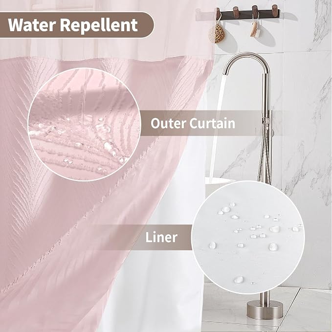 eachope no Hook Shower Curtain and Liner Set，Boho Style with See Through Top Window, Pink Fabric Tufted Striped Textured Outer Curtain & Waterproof Inner Liner, Pink, 71Wx74H