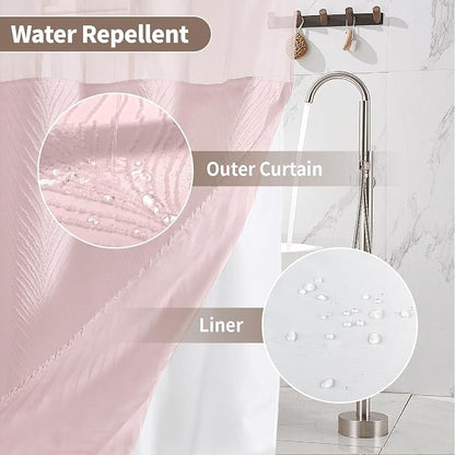 eachope no Hook Shower Curtain and Liner Set，Boho Style with See Through Top Window, Pink Fabric Tufted Striped Textured Outer Curtain & Waterproof Inner Liner, Pink, 71Wx74H