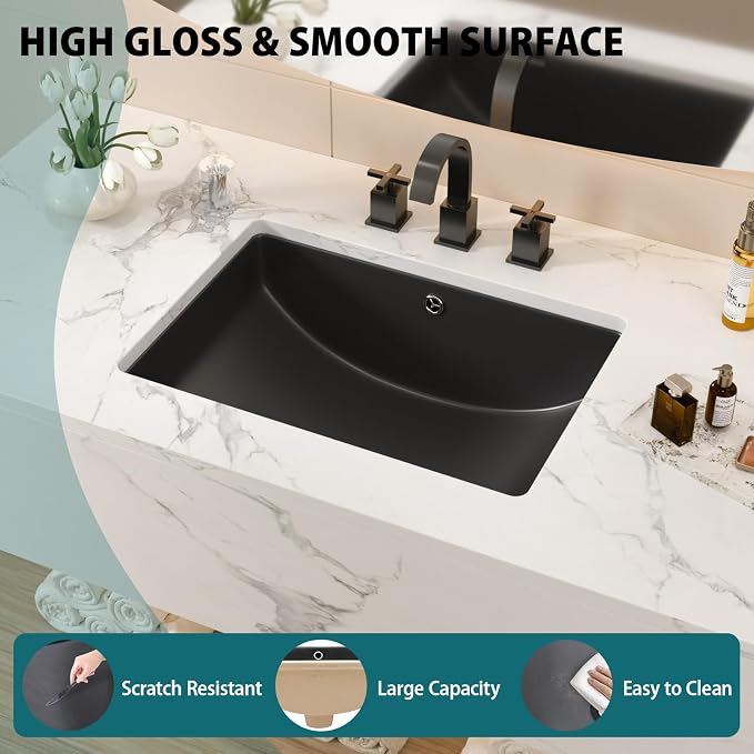 Black Ceramic 22"x15" Undermount Bathroom Lavatory Sink | Rectangle under counter black bathroom vessel sink for bathroom