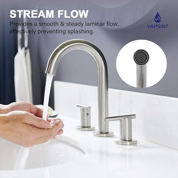 Brushed Nickel Bathroom Faucet 3 Hole, VAPSINT 8 Inch Widespread Bathroom Sink Faucet, 2 Handle Modern Bathroom Faucets for Vanity Lavatory RV Restroom with Pop Up Drain & Supply Hoses, VAP-BF311