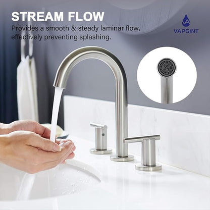 Brushed Nickel Bathroom Faucet 3 Hole, VAPSINT 8 Inch Widespread Bathroom Sink Faucet, 2 Handle Modern Bathroom Faucets for Vanity Lavatory RV Restroom with Pop Up Drain & Supply Hoses, VAP-BF311
