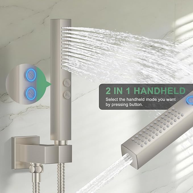 Rain Shower System with Rough-in Valve, Ceiling Mount Shower Faucet Set with 12"&6" Dual Rain Shower Heads, 2-in-1 Handheld Shower, Tub Spout, 4-Function Complete Shower Fixture,Brushed Nickel