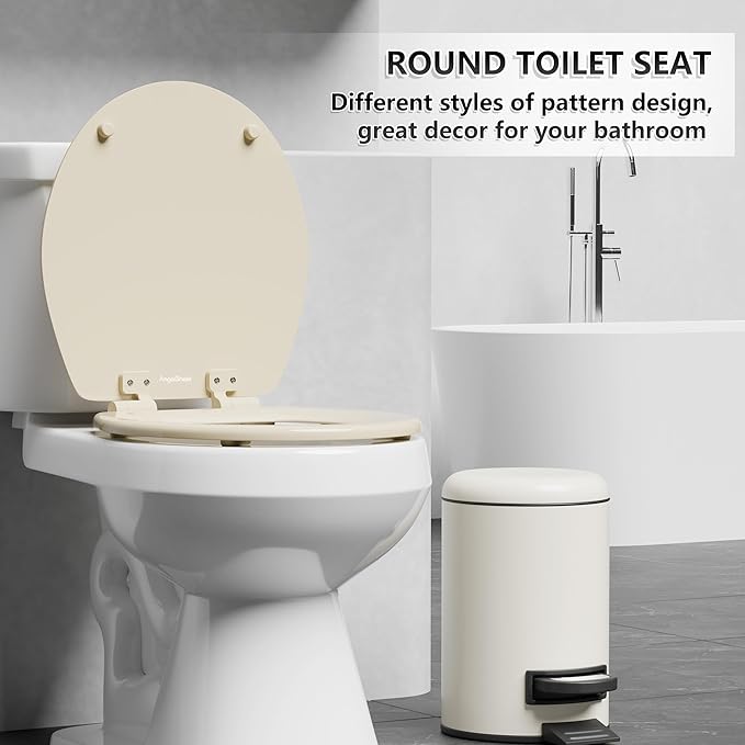 Angol Shiold Quiet-Close Molded Wood Toilet Seat with Non-Slip Adjustable Hinges, Anti-Pinch Bumpers, Easy Install & Clean（Biscuit, Round 16.5''）