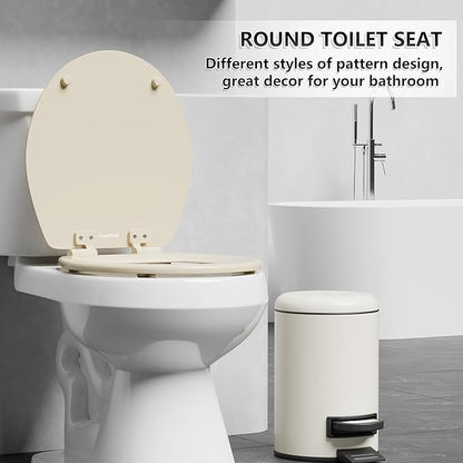 Angol Shiold Quiet-Close Molded Wood Toilet Seat with Non-Slip Adjustable Hinges, Anti-Pinch Bumpers, Easy Install & Clean（Biscuit, Round 16.5''）
