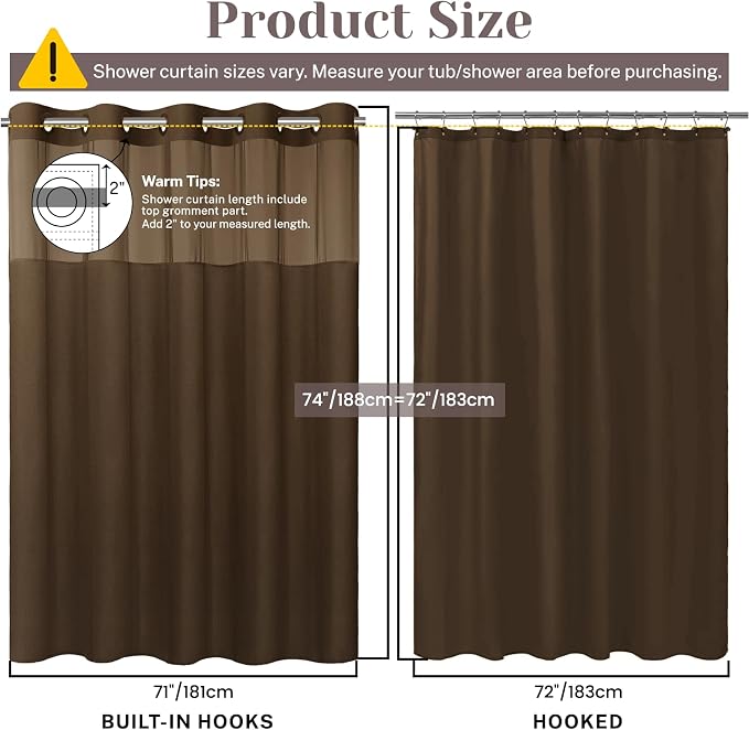 SORTTO No Hook Slub Shower Curtain with Liner, 71x74, Chocolate | Snap in Liner, 3 in 1, Bamboo Texture, Hotel Style, Waterproof Fabric, Mesh Top Window, Corner Magnets, Machine Washable