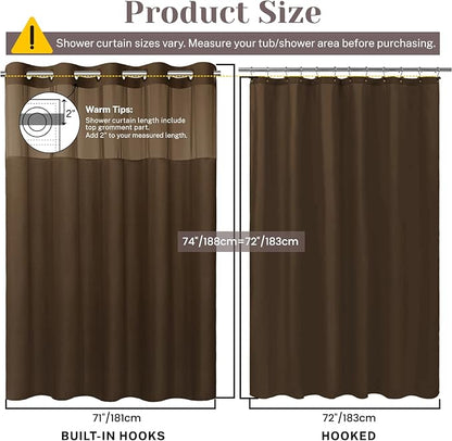 SORTTO No Hook Slub Shower Curtain with Liner, 71x74, Chocolate | Snap in Liner, 3 in 1, Bamboo Texture, Hotel Style, Waterproof Fabric, Mesh Top Window, Corner Magnets, Machine Washable