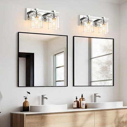2 Light Modern Bathroom Light Fixtures Over Mirror, Chrome Vanity Lights for Bathroom Wall Sconces with Clear Glass Shades, E26 Socket (Bulbs Not Included)