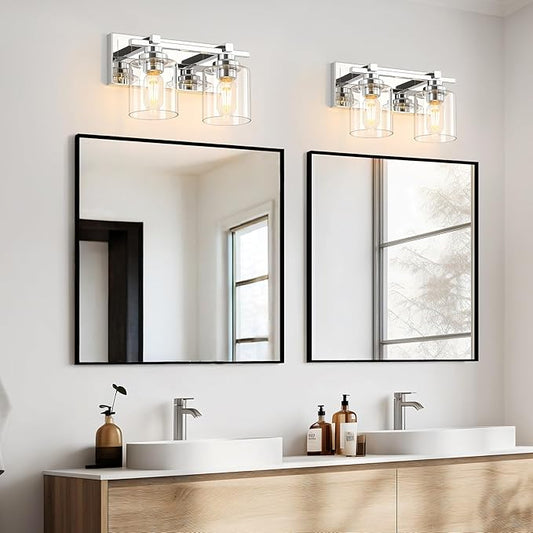 2 Light Modern Bathroom Light Fixtures Over Mirror, Chrome Vanity Lights for Bathroom Wall Sconces with Clear Glass Shades, E26 Socket (Bulbs Not Included)
