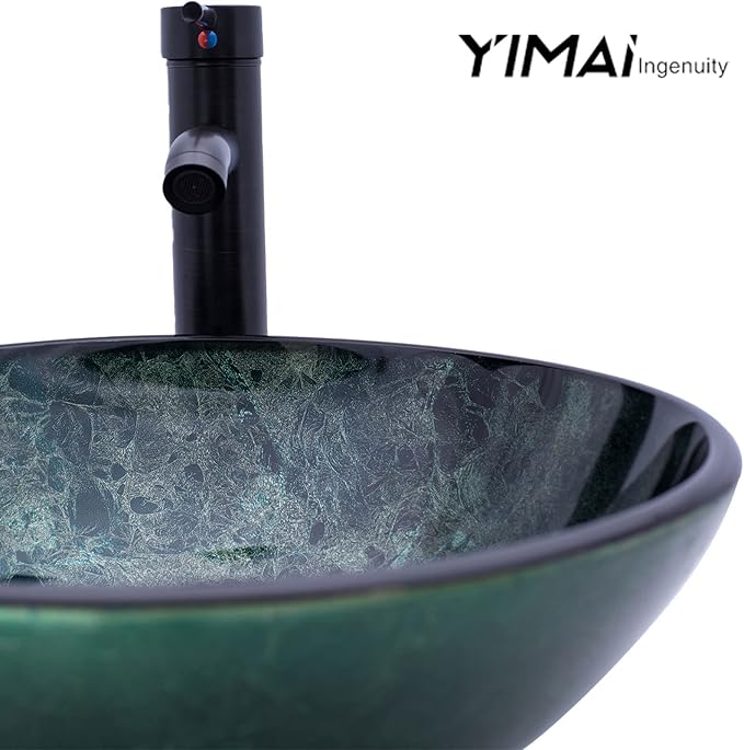 Vessel Sink 16.5" Bathroom Sinks Tempered Glass Green Art Basin Round Bowl with Faucet Combo Green,Countertop Bowl Sink for Lavatory Vanity Cabinet