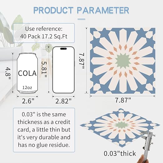 MORCART 40PCS 7.87" x 7.87" Peel and Stick Floor Tile, DIY Vinyl Flooring | Blue and White Floral Look, Self-Adhesive, Removable and Waterproof Tile Sticker for Bathroom, Kitchen, Wall, Stairs