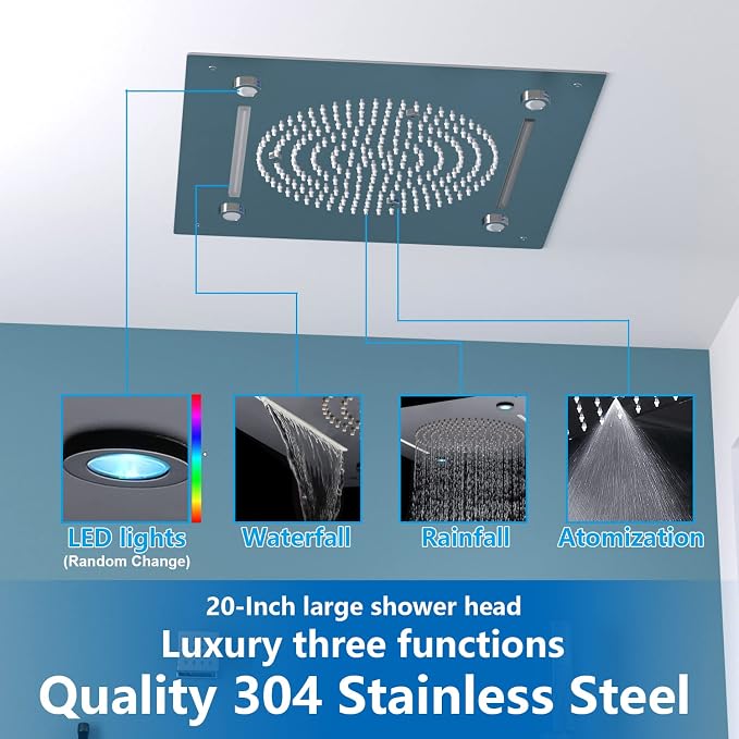 Enga 20 Inch Rain Shower System, LED Atomizing Rainfall Waterfall Large Horizontal Square Ceiling Shower Head with Remote Control Thermostatic Shower Faucet Set Flow Can Be Controlled, Chrome