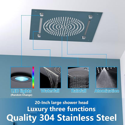 Enga 20 Inch Rain Shower System, LED Atomizing Rainfall Waterfall Large Horizontal Square Ceiling Shower Head with Remote Control Thermostatic Shower Faucet Set Flow Can Be Controlled, Chrome