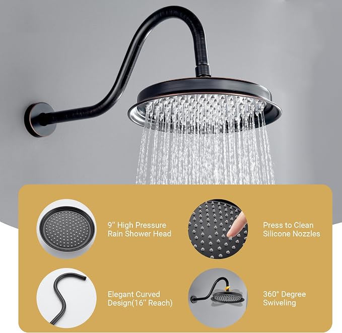 DASAN Rain Shower System Complete Antique Shower Faucet Sets, Bronze Shower Fixtures Combo with Pressure Balance Valve, 9’’ Rainfall Overhead Shower & Handheld, Color Oil Rubbed Bronze AT209W-ORB