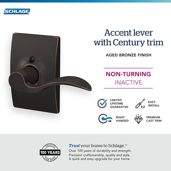 Schlage Accent Lever with Century Trim Non-Turning Lock in Aged Bronze - Right Handed