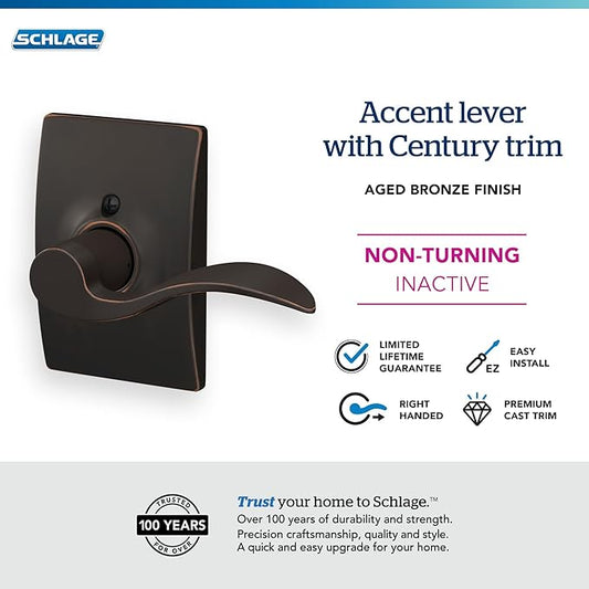 Schlage Accent Lever with Century Trim Non-Turning Lock in Aged Bronze - Right Handed