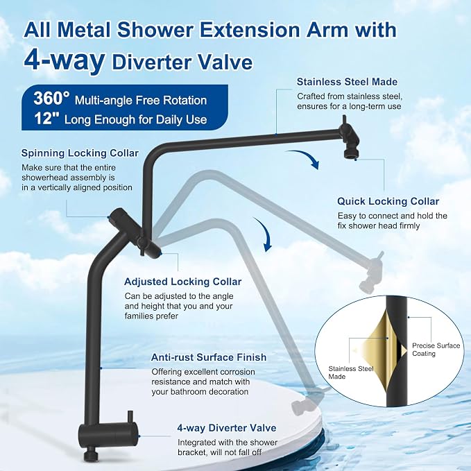 Metal 12" Rain Showerhead with 10-Spray Handheld, Easy Reach 4-way Diverter | Matte Black Finish, Upgraded High Pressure Shower Head with Pause Mode, 71" Stainless Steel Hose/12" Extension Arm