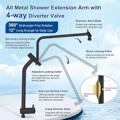 Metal 12" Rain Showerhead with 10-Spray Handheld, Easy Reach 4-way Diverter | Matte Black Finish, Upgraded High Pressure Shower Head with Pause Mode, 71" Stainless Steel Hose/12" Extension Arm