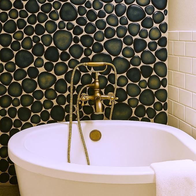 Pebble Stone Tile for Shower Floor Bathroom Backsplash Accent Wall Gradient Brown Teal Pebble Tiles (5 Sq.Ft)