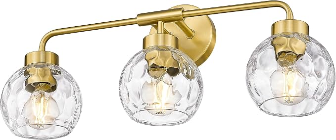 zeyu Brushed Gold 23-Inch 3-Light Bathroom Vanity Lighting, ZS62BG-3W BG-WG | Bathroom Wall Light Fixtures, 3 E26 Bulbs Up To 60W Each, Up/Down Mount, Water Ripple Globe Glass, For Bathroom Mirror
