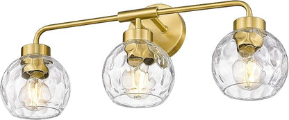zeyu Brushed Gold 23-Inch 3-Light Bathroom Vanity Lighting, ZS62BG-3W BG-WG | Bathroom Wall Light Fixtures, 3 E26 Bulbs Up To 60W Each, Up/Down Mount, Water Ripple Globe Glass, For Bathroom Mirror