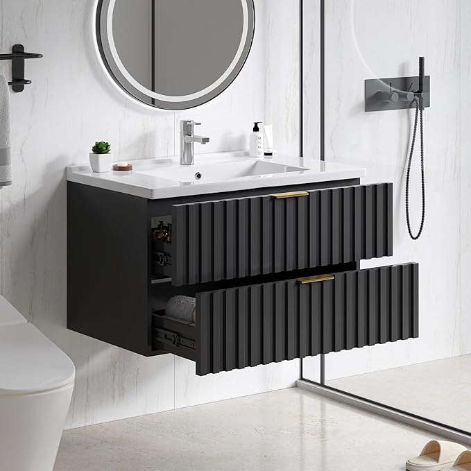 ONBRILL 30 Inch Bathroom Vanity with Sink Combo, Floating Bathroom Vanity with 2 Fluted Drawers & Metal Handle, Modern Wall Mount Storage Cabinet with Ceramic Integrated Sink for Small Space (Black)