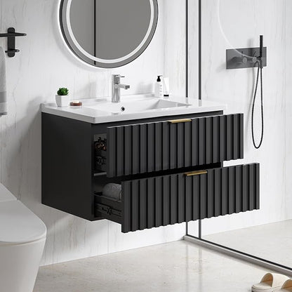ONBRILL 30 Inch Bathroom Vanity with Sink Combo, Floating Bathroom Vanity with 2 Fluted Drawers & Metal Handle, Modern Wall Mount Storage Cabinet with Ceramic Integrated Sink for Small Space (Black)