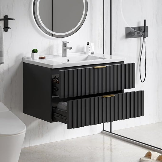 ONBRILL 30 Inch Bathroom Vanity with Sink Combo, Floating Bathroom Vanity with 2 Fluted Drawers & Metal Handle, Modern Wall Mount Storage Cabinet with Ceramic Integrated Sink for Small Space (Black)