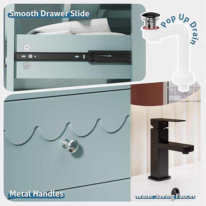 eclife 30" Floating Bathroom Vanity with Sink Combo, Modern Painted Wall-Mounted Vanities Storage Cabinet with Scalloped Decor, Undermount Basin, Faucet, Drain, Blue