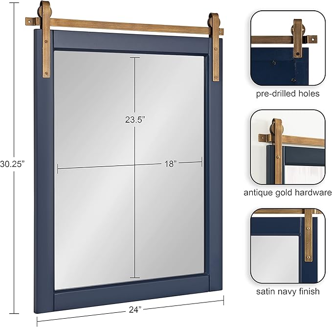 Kate and Laurel Skylan Modern Farmhouse Decorative Wood Framed Wall Mirror; 22 x 28; Navy and Antique Gold; Barn Door-Inspired Wall Hanging Mirror for Bathroom or Living Room Uses