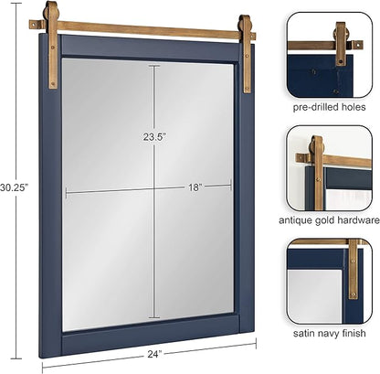 Kate and Laurel Skylan Modern Farmhouse Decorative Wood Framed Wall Mirror; 22 x 28; Navy and Antique Gold; Barn Door-Inspired Wall Hanging Mirror for Bathroom or Living Room Uses