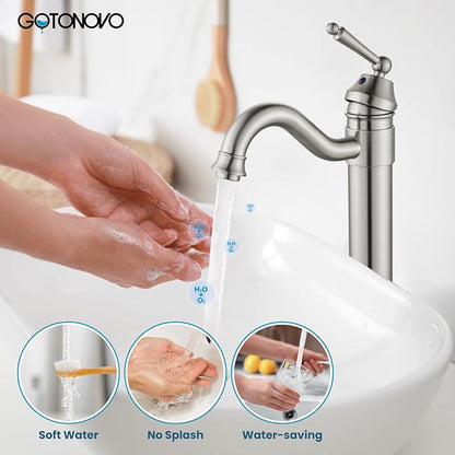 gotonovo Bathroom Vessel Sink Faucet Single Handle Brass Long Reach Bathroom Faucet 1 Hole Deck Mounted Mixer Tap with Pop Up Drain Brushed Nickel