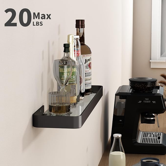 20 Inch Long Floating Shelf Black, Clear Tempered Glass Wall Shelf - Spacious and Stylish Storage for Your Home