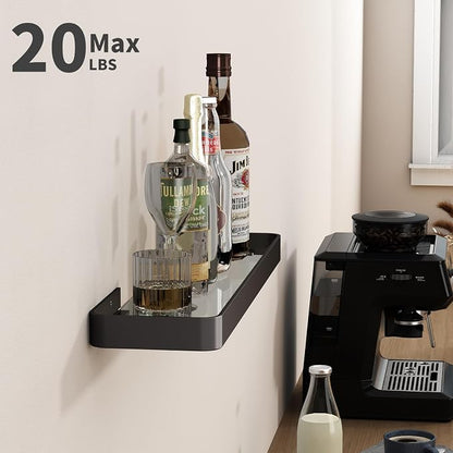 20 Inch Long Floating Shelf Black, Clear Tempered Glass Wall Shelf - Spacious and Stylish Storage for Your Home