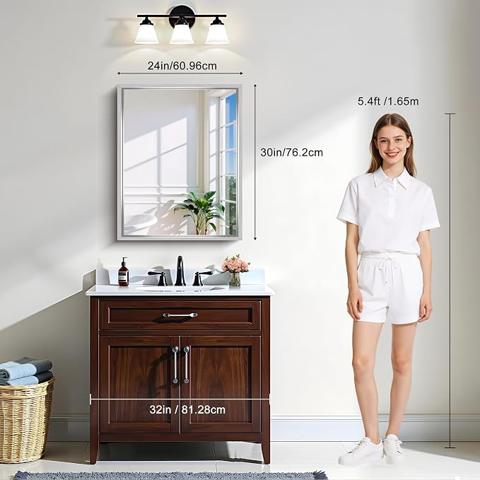 CIRCUMI 24"x30" Brushed Silver Bathroom Mirror, Rectangular Vanity Mirror | Chunky Box Metal Frame, Shatterproof, Tempered Glass, Bathroom Remodel&New Home,Wall Mirror for Over Sink,Living Room,Hallway
