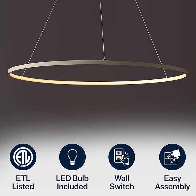 JONATHAN Y 35" Beige Modern Integrated LED Pendant Light, Dimmable Round Hoop Chandelier for Kitchen Island, Dining Room, Adjustable Height Metal Hanging Light (JYL7220H)