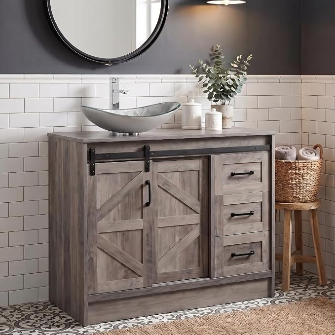 36" Farmhouse Bathroom Vanity with Sink, Bathroom Storage Cabinet with Sliding Barn Doors & Drawers, Freestanding Vanity with Boat Silver Glass Vessel Sink Combo Set