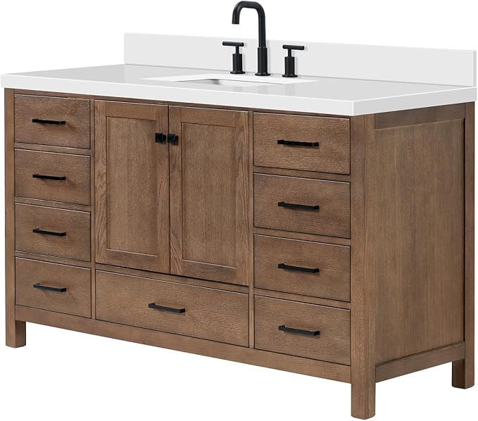 ARIEL Cambridge 60-inch Bathroom Vanity with Sink,Solid Wood, 1.5-inch Pure White Quartz Countertop, Single Rectangular Porcelain Sink, 2 Soft Closing Doors, 9 Dovetail Drawers, Brown Oak