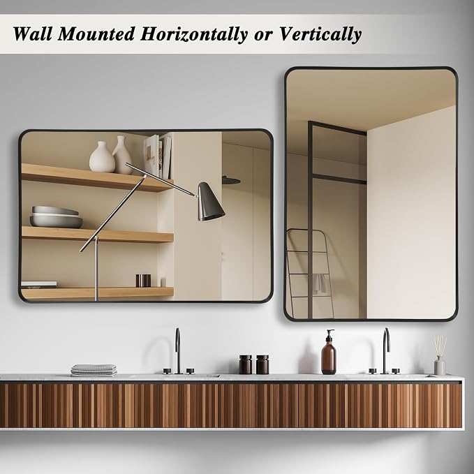 Anpark Wall Mirror 30" x 48" for Bathroom Black Metal Deep Frame Mirror for Wall Decorative Rectangular Round Corner Wall Mounted Vanity Mirror for Bedroom Living Room Entryway Wall Decor