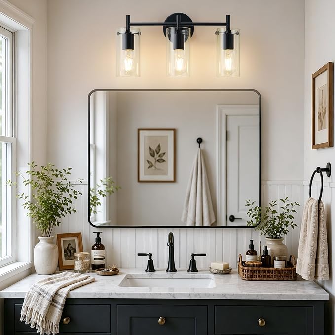 Indoi Bathroom Light Fixtures, 3-Light Matte Black Vanity Light, Black Bathroom Lights Over Mirror with Clear Glass Shade, Wall Sconces for Mirror Bedroom Living Room Hallway