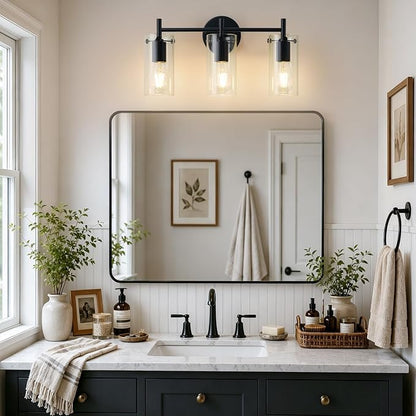 Indoi Bathroom Light Fixtures, 3-Light Matte Black Vanity Light, Black Bathroom Lights Over Mirror with Clear Glass Shade, Wall Sconces for Mirror Bedroom Living Room Hallway