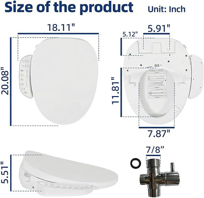 Smart Heated Toilet Seat for Elongated V-Shaped Toilets – Bidet Warm Water Wash, Self-Cleaning Nozzle, Warm Air Dryer, Deodorizer, Soft-Close Lid, LED Night Light & Touch Panel, Easy Install